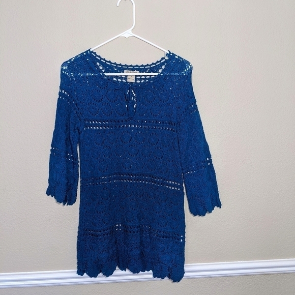Lucky Brand Blue Crochet Boho 3/4 Sleeve Top with Tassel Tie - Picture 2 of 4